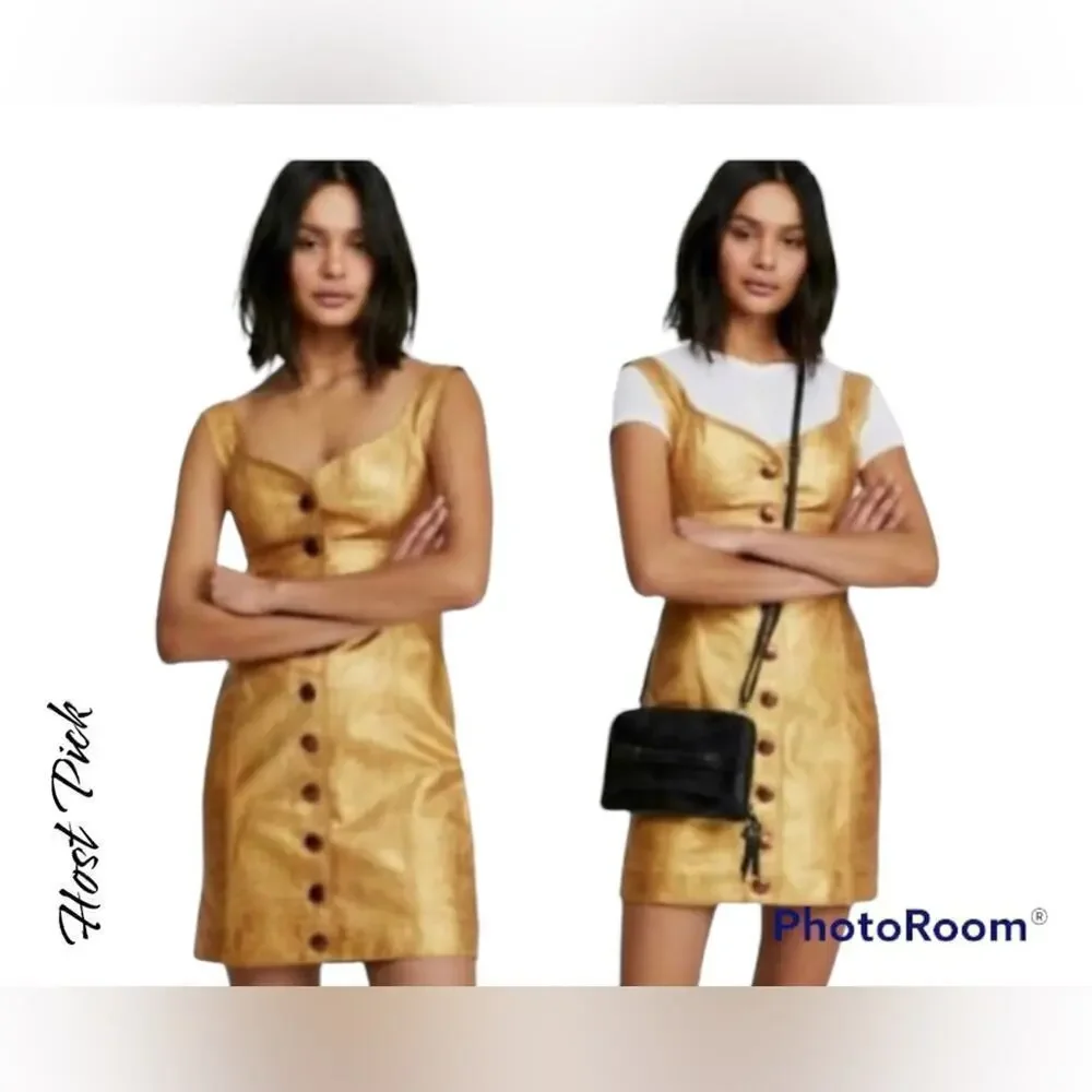 Free People Womens Goldie Metallic Leather Sweetheart Neckline Dress Size 2 Gold